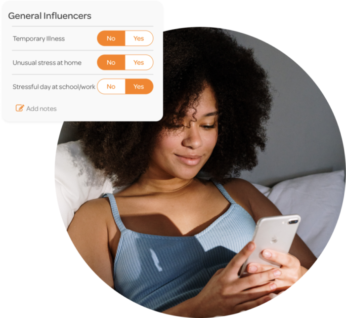 Woman siting up in bed looking on her mobile device, platform questionnaire graphic